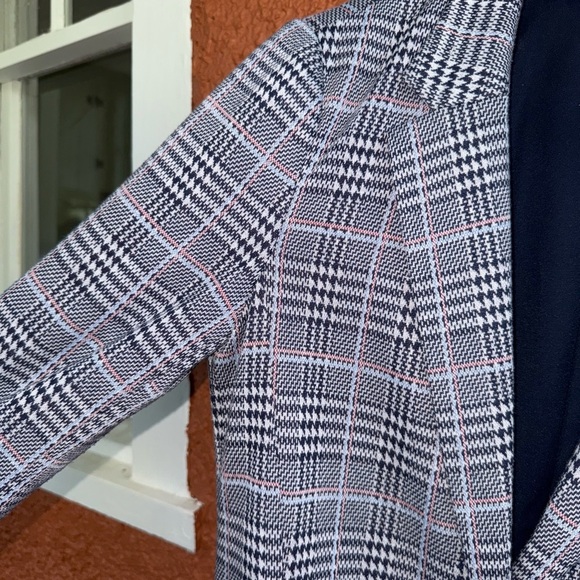 GAP Single Breasted Long Line Blazer Jacket Navy Blue White Plaid Stretch 12 - Picture 2 of 6